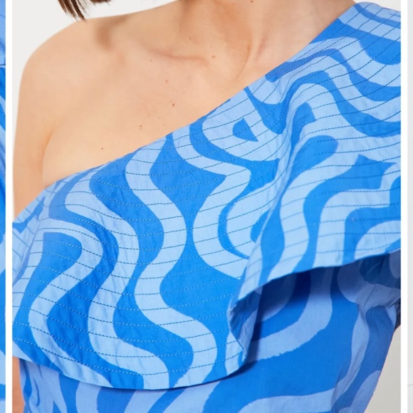 NWT Oliphant Blue Cotton Ashbury One Shoulder Ruffle midi dress M - Picture 5 of 14